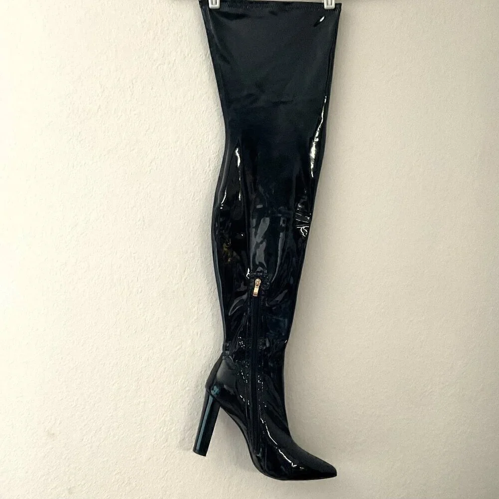 NEW WSKEISP Patent Leather Pu Chunky Block Heel Over The Knee Boots
